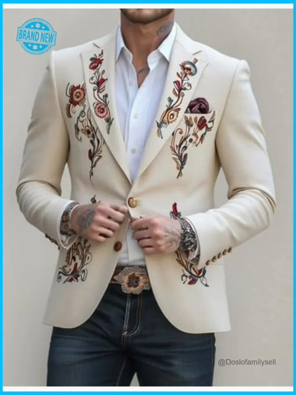 Vintage Western Embroidered Blazer Tailored Fit Cotton Linen Lightweight Jacket